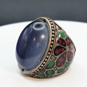 Vintage Mood Ring Beautiful Floral Inlay Intricate Design Size 8 Statement Brass
